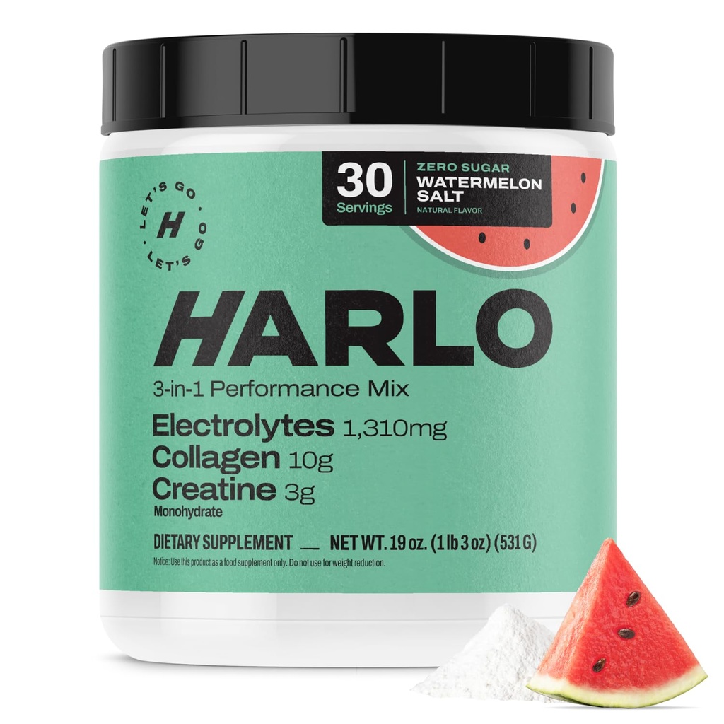 Harlo - Watermelon Salt Electrolyte Drink Mix w/Bovine Collagen &amp; Creatine - Creatine Monohydrate Powder - Pre Workout Powder - Sugar Free Energy Drinks - Post Workout Recovery