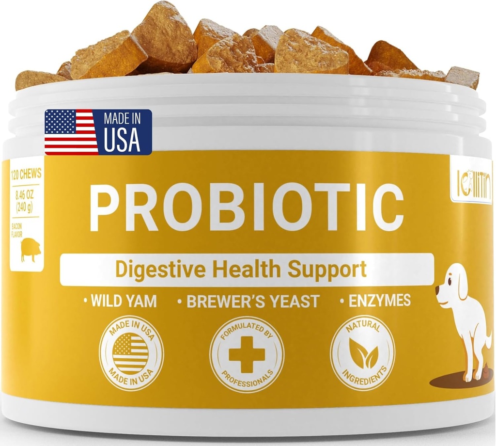 Probióticos para perros - Soporte Gut & Digestive Health, Immune Support - All Nautral Prebiotics, Fiber, Enzymes for Gut Flora - Diarrhea & Bowel Support - Bacon Flavor, 120 Chews, por Lollitin