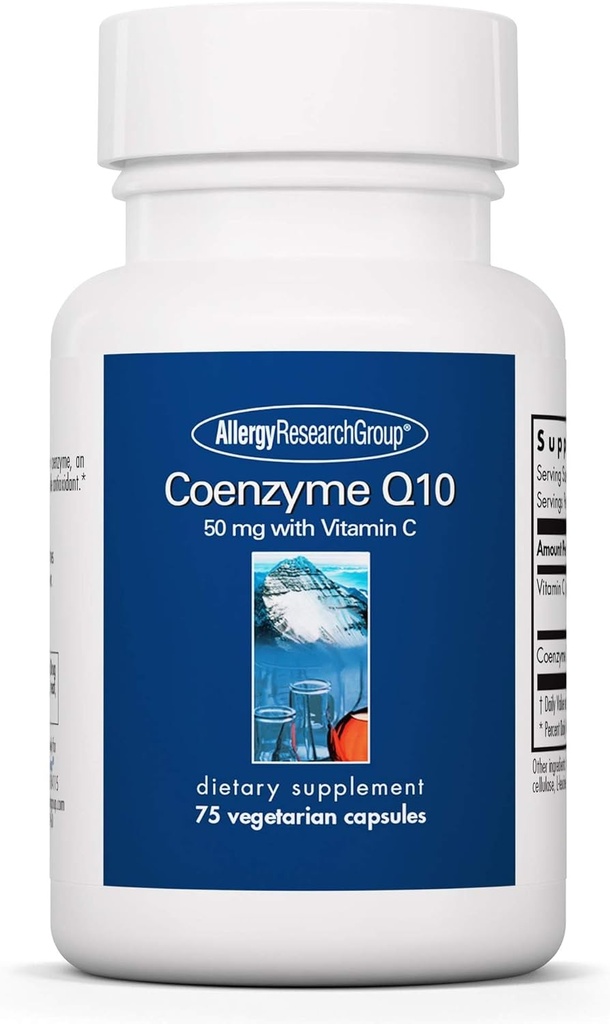 Grupo de Investigación de Alergia Coenzima Q10 Suplemento - con vitamina C, Salud del Corazón, CoQ10 50 mg, Ubiquinol, Antioxidante, cápsulas vegetarianas - 75 Con