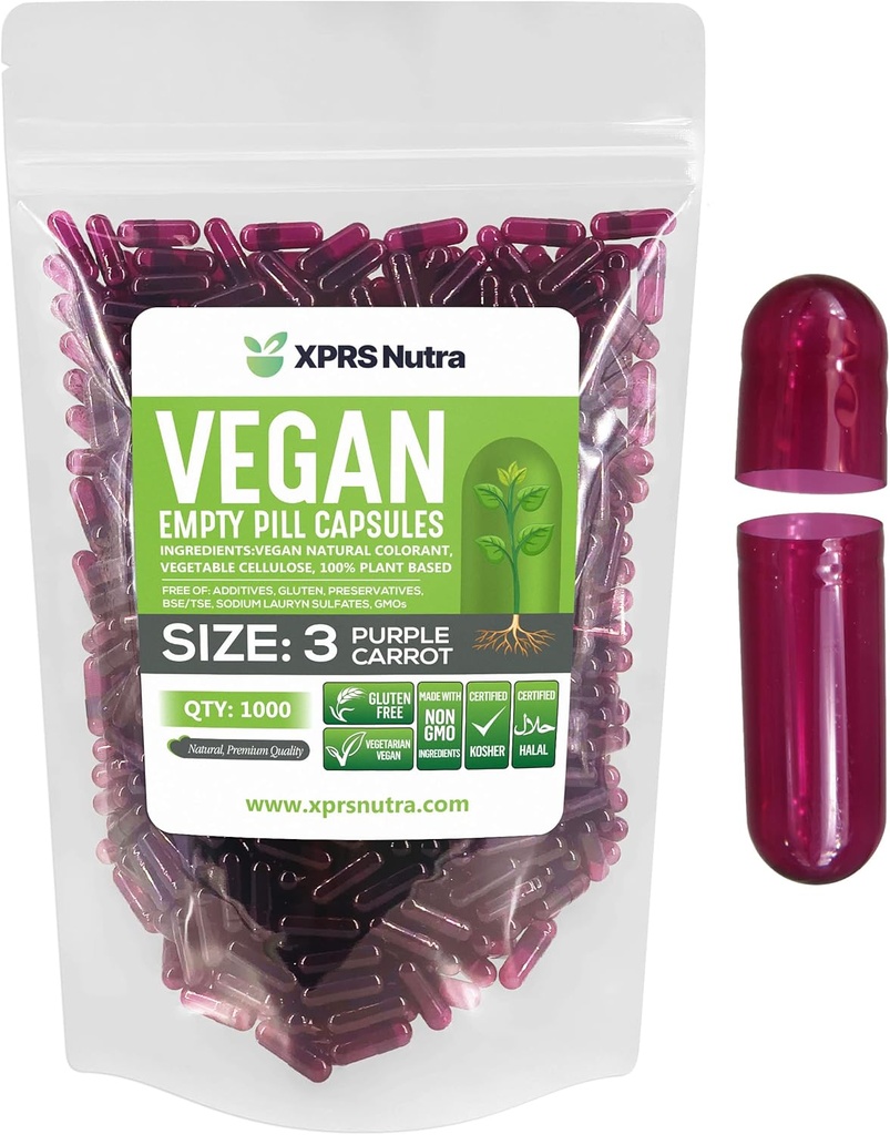XPRS Nutra Size 3 Empty Capsules - 1000 Count Empty Vegan - Píldoras vegetarianas - DIY Vegetal Capsule Filling - Veggie Pill Caps (Purple Carrot)