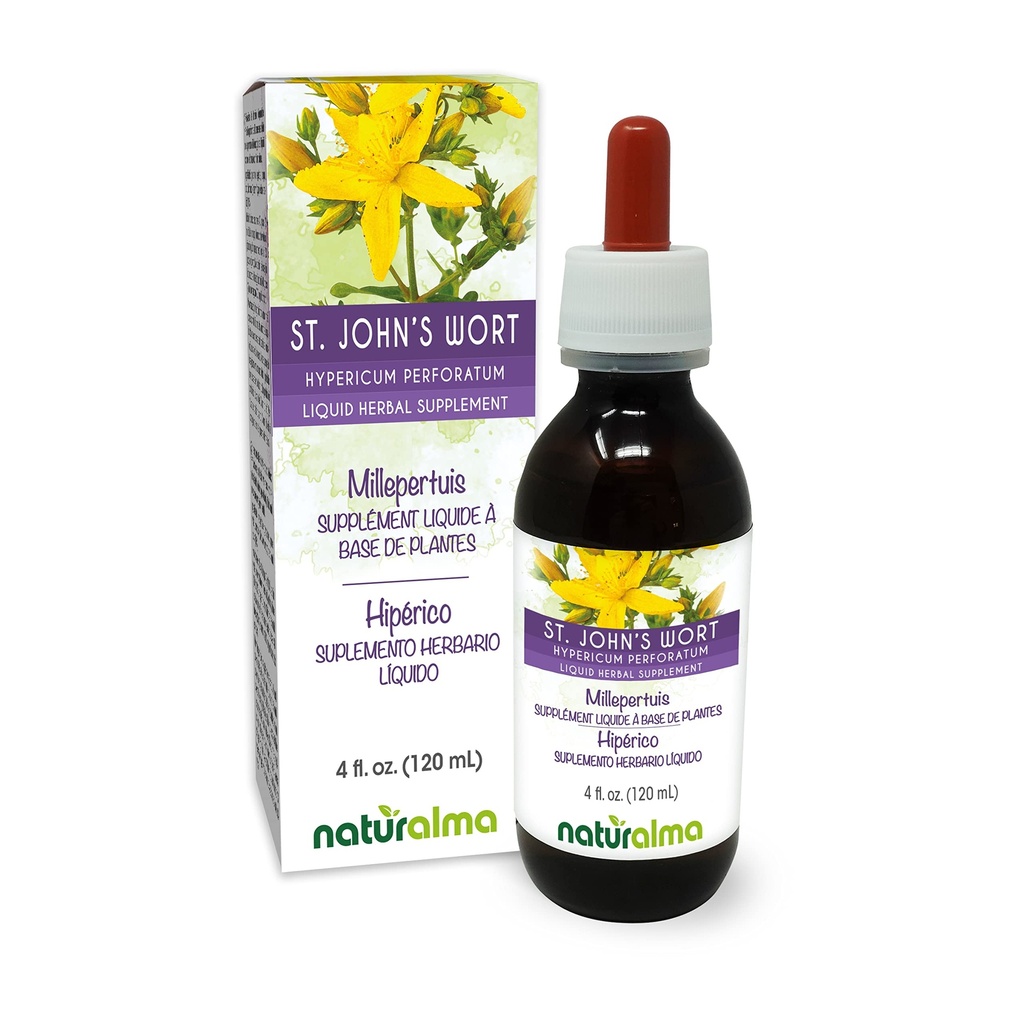 Naturalma Hierba de San Juan (Hypericum perforatum) hierba con Flores Tintura libre de alcohol - 4 fl oz Extracto líquido en gotas - Suplemento herbal - Vegan