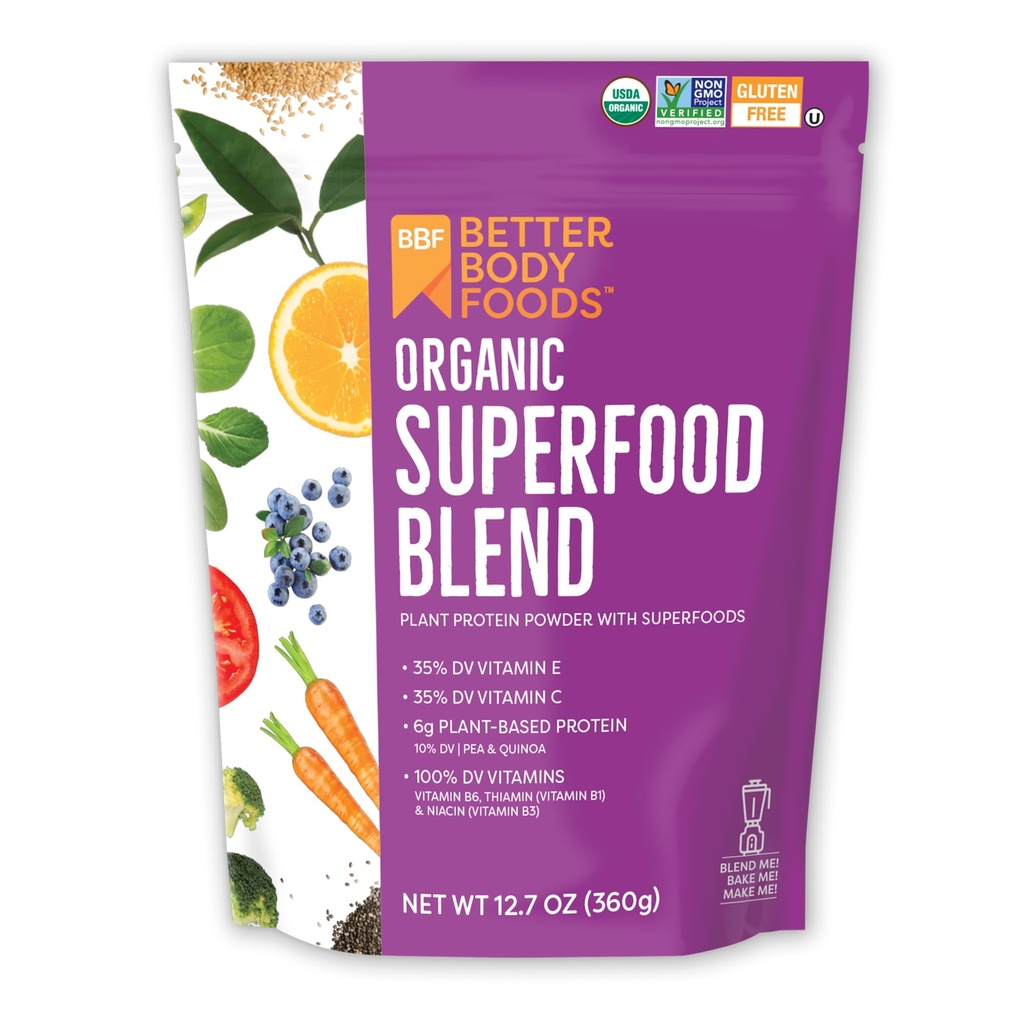 BetterBody Foods Organic Superfood Powder con proteína, vitaminas C, E y B12 (12.7 oz).