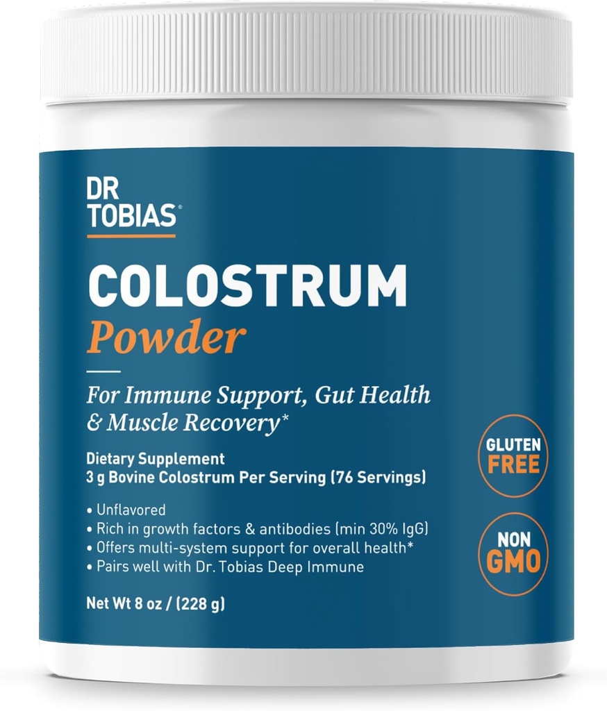 Dr. Tobias Colostrum Powder, Premium Bovine Colostrum Suplemento para Immune Support, Gut Health & Muscle Recovery, 3g Por Serving, Mínimo 30% IgG, Desarrollado, 8 oz, 76 Serviciones