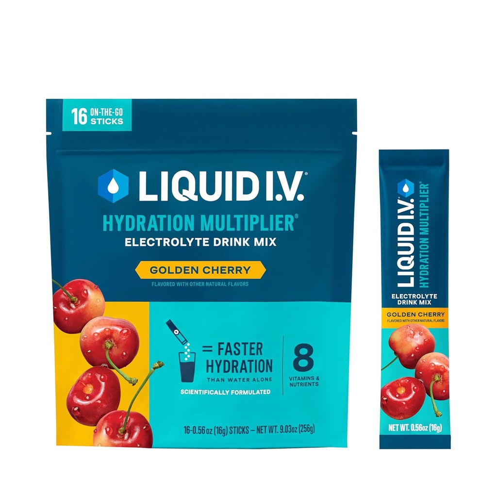 Liquid I.V.® Hydration Multiplier® - Golden Cherry - Hydration Powder Packets ← Electrolyte Powder Drink Mix ← Conveniente Single-Serving Sticks ← Non-GMO TEN 16 Servings (Pack of 12)