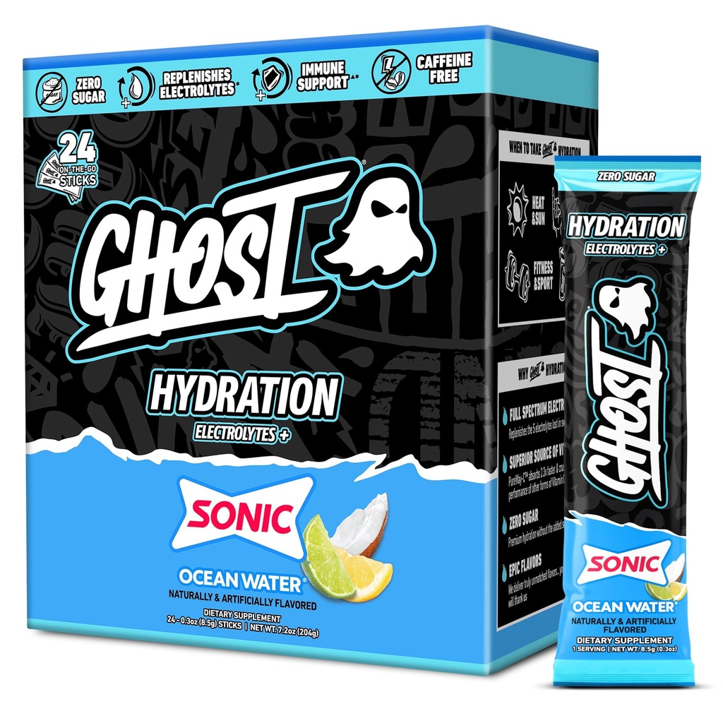 GHOST Hydration Packets, Sonic Ocean Water, 24 Sticks, Electrolyte Powder - Drink Mix Supplement with Magnesium, Potassium, Calcium, Vitamina C - Vegan, Free of Soy, Sugar &amp; Gluten