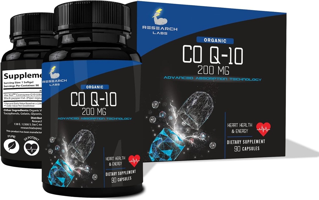 Laboratorios de Investigación Absorción Avanzada 200mg CoQ10 w/Black Pepper Extract. 90 Softgels. Organic, Gluten Free, Heart Health Support, Energy Production, Antioxidant Supplement