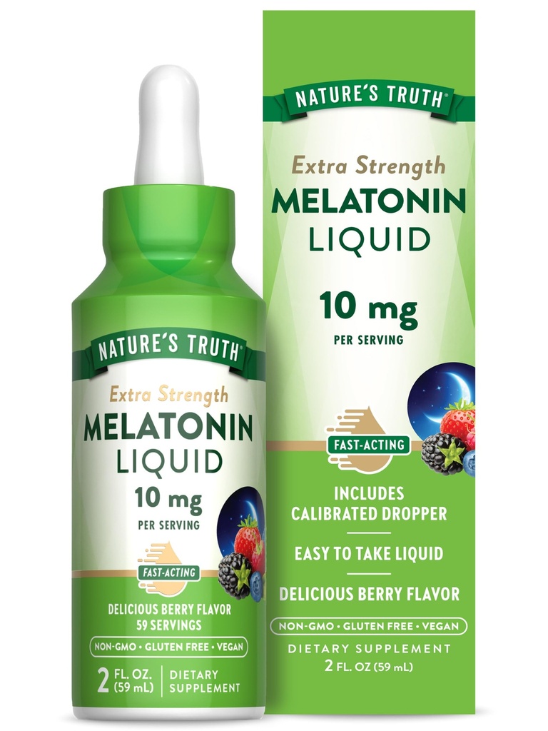 La verdad de la naturaleza Melatonin Liquid TENIDO 10 mg TENIDO 2 Fl oz Fuerza máxima para los adultos TENIDO Berry Flavor ANTE Vegan, Non-GMO & Gluten Suplemento gratuito