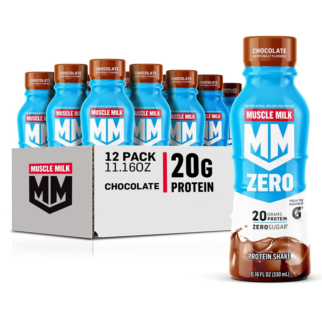 Muscle Milk Zero Protein Shake, Chocolate,20g Proteína, Cero Sugar, 100 Calories, Calcio, Vitaminas A, C &amp; D, 4g Fiber, Energizing Snack, Workout Recovery, Packaging May Vary,11.16 Fl Oz (Pack of 12)