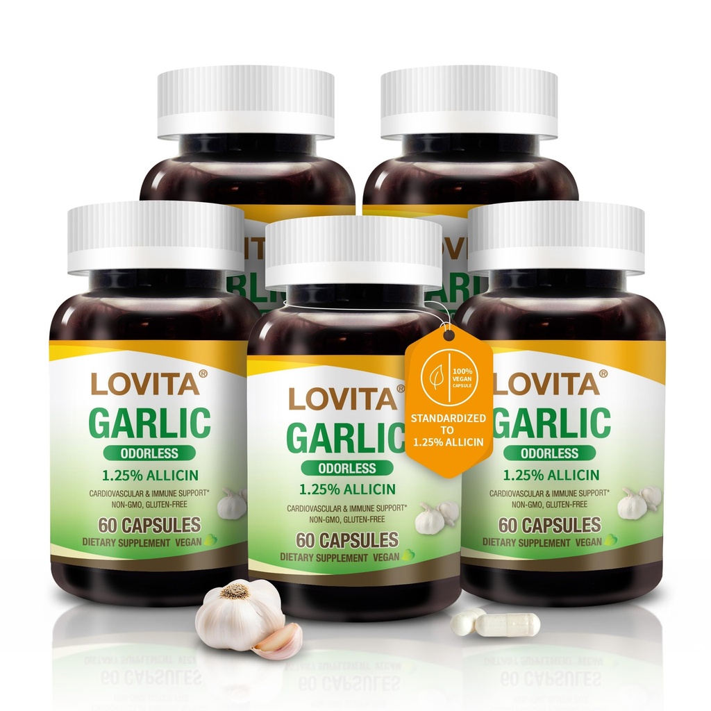 Cápsulas de ajo sin olor de Lovita, 5000mg Equivalente de ajo fresco, 1.25% Extracto de Allicin, soporta el corazón, presión sanguínea, sistema de colesterol, no GMO, libre de gluten, 300 cápsulas veganas