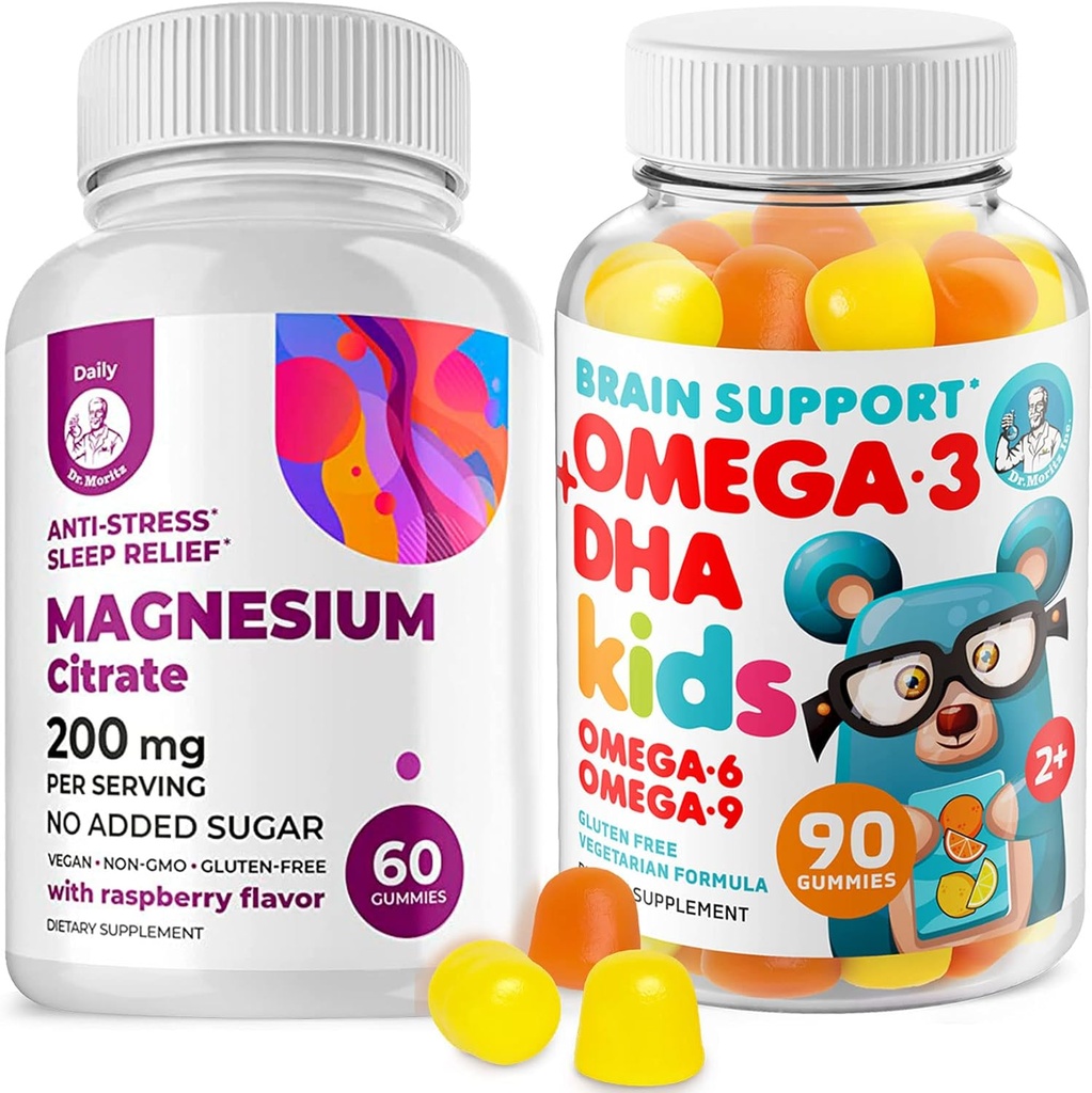 Gummies de Omega3 para niños con Omega 6 litros y magnesio - DHA Suplemento para el cerebro de los niños para el corazón y el apoyo a la visión – sin aceite de pescado y salud sin gluten con magnesio libre de azúcar