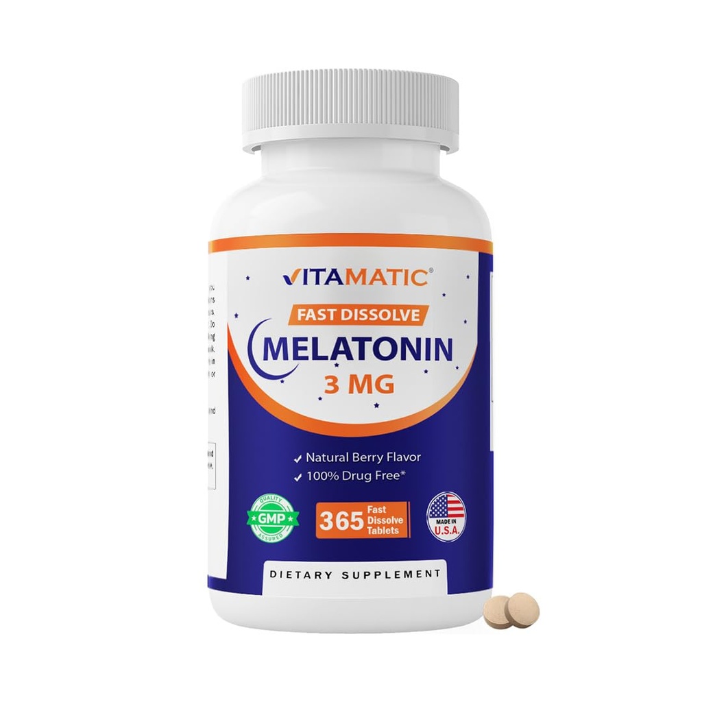 Vitamatic Melatonin 3mg Tablets ¦ Vegetarian, Non-GMO, Gluten Free ← 1 Year Supply ← Natural Berry Flavor - 365 Cuadros