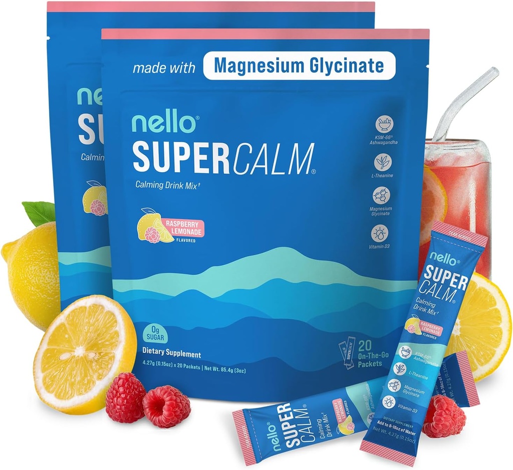 Nello Supercalm Powdered Drink Mix, Raspberry Lemonade, L Theanine, Ksm-66 Ashwagandha, Magnesium Glycinate, Vitamina D 3, Suplementos para la relajación & Focus, No Sugar, Non GMO, On The Go, (2-Pack)