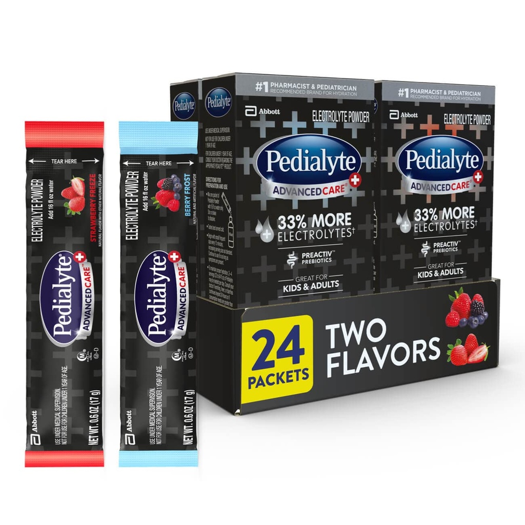 Pedialyte AdvancedCare Plus Electrolyte Powder, tiene 33% más Electrolytes y PreActiv Prebiotics, Variety Pack: Berry Frost y Strawberry Freeze, 24 Powder Packets
