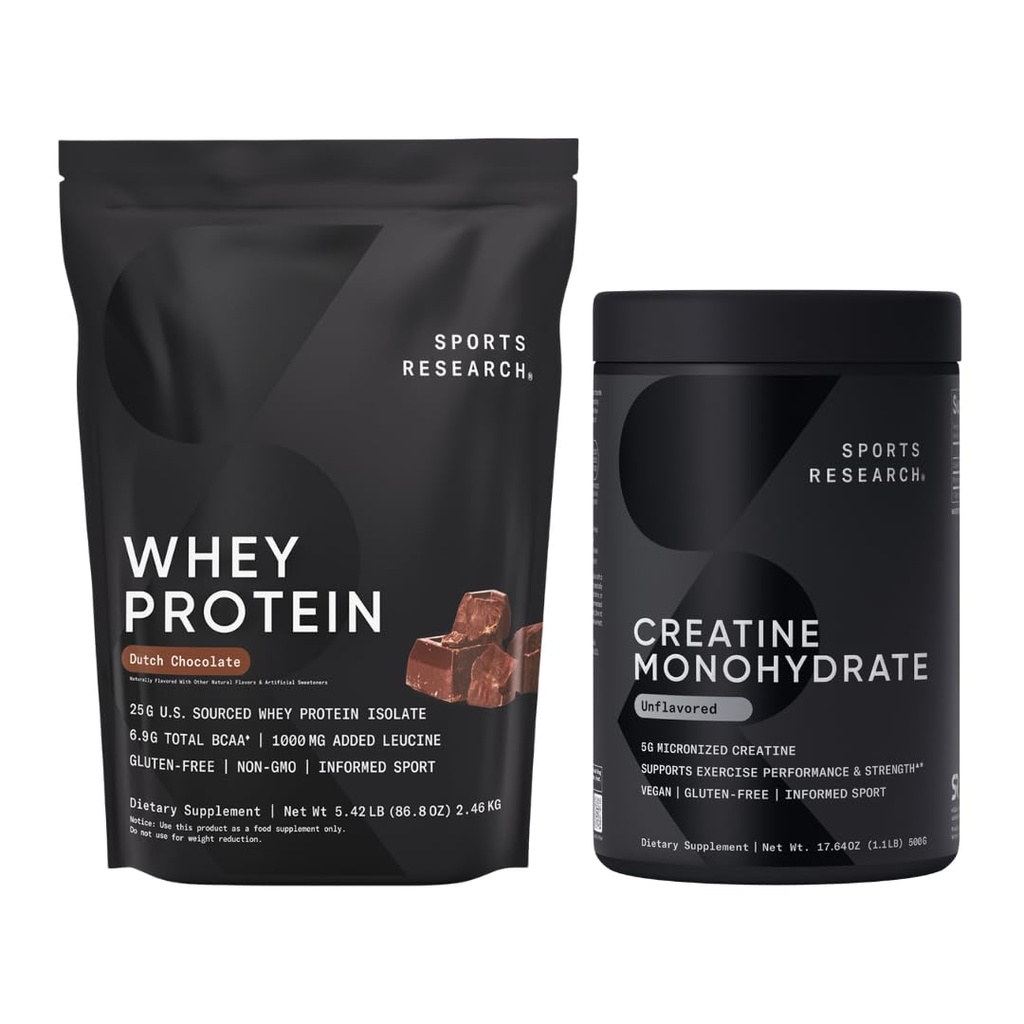Sports Research® Creatine Monohydrate (1.1 LBS) y Dutch Chocolate Whey Protein (5.42 LBS), The Dynamic Duo for Lean Muscle Building, Improved Performance and Strength & Workout Recovery