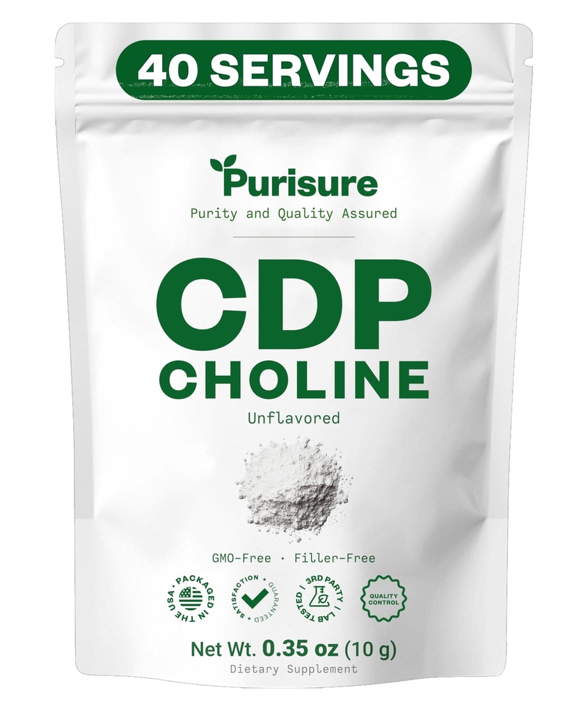 Purisure CDP Choline Powder, 10g, CDP Choline Supplements That Support Atención, Focus, y Energía, Citicoline Powder for Cognitive Function, Increases Motivation and Productivity, 40 Servings