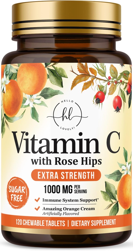 Vitamina C Suplemento 1000mg - Extra Fuerza con Rose Hips Bioflavonoids - Sugar Vitamina C Píldoras Chewable, Vit C de la Naturaleza para Apoyo Inmunitario y Protección Antioxidante - 120 Tabletas Chewable
