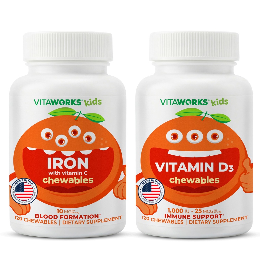 Hierro para niños 10 mg + Vitamina C Chewables + Vitamina D3 1000 UI Chewables Bundle