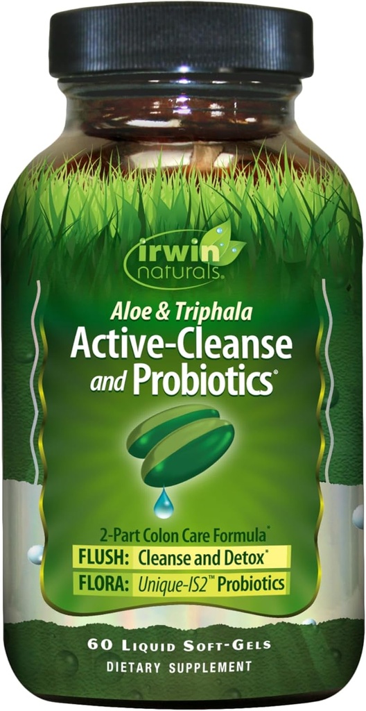 Irwin Naturals Aloe & Triphala Active Cleanse + Probióticos - 60 Liquid Softgels - Soporte Digestivo Natural - Gentil, Efectivo Detox + Eliminación 2-Parte de cuidado de colon - Nourish + Balance
