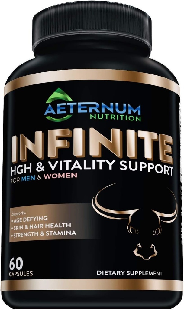 Infinito - HGH - Testosterona - Vitalidad Suplemento-Incluye Argnine-Glutamina, y Más! Soporta fuerza, resistencia, piel &amp; cabello salud, crecimiento muscular. para Hombres y Mujeres 60 cápsulas por botella.