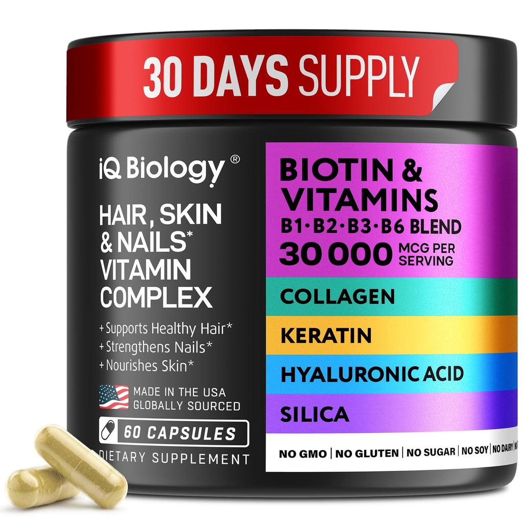 Biotina para el crecimiento del cabello Mujeres &amp; Hombres con queratina, Complejo Collagen 30000 mcg – Cápsulas para la pérdida del cabello > Esquí & uñas Vitaminas, Biotina 10000mcg y Suplementos Collagen - 60 píldoras