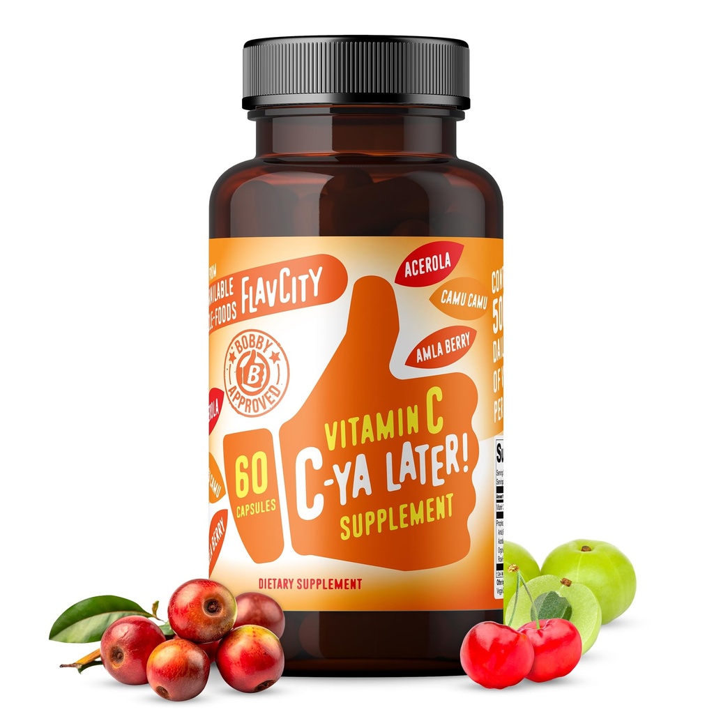 FlavCity Vitamina C Suplemento, C-Ya Más tarde! Superfood-Derived Immunity Support - Bioavailable Vitamina C Immune Support from Acerola Cherry, Rose Hips & Camu Camu - 500% Daily Value (60 Capsules)