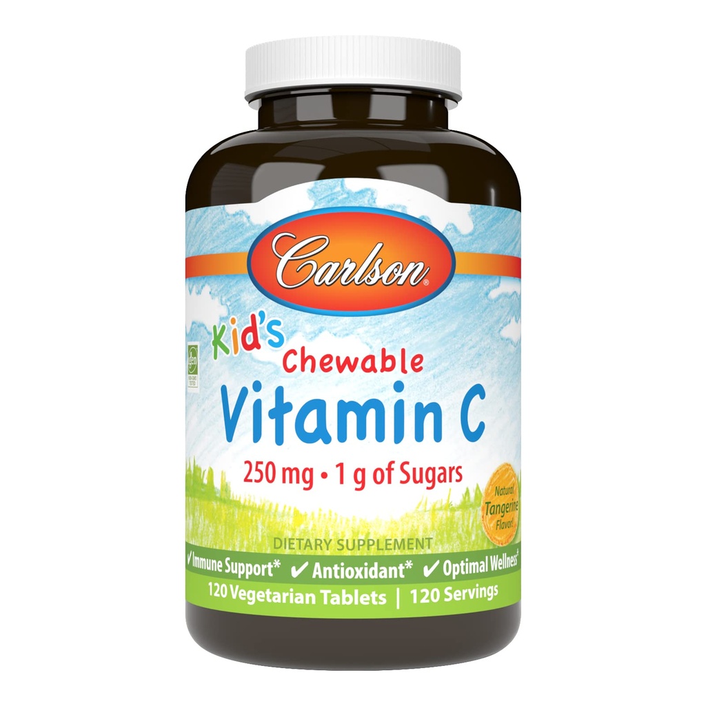 Carlson - Vitamina Chewable para Niños C, 250 mg, 1 g de Azúcares, Apoyo Inmunitario " Wellness Optimal, Antioxidante, Tangerina, 120 Tabletas Vegetarianas