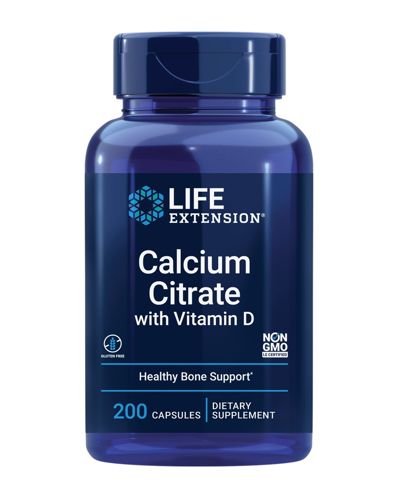 Citrato de calcio con vitamina D, calcio superabsorbable para apoyar la salud óptima del hueso, libre de gluten, no transgénico, 200 cápsulas