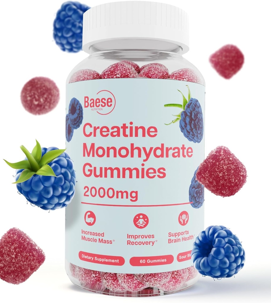 Cretina Monohydrate Gummies for Men & Women - High Purity Sour Blue Raspberry- Chewable Creatine Infused Gummy for Muscle Strength & Energy Boost, Bioavailable Pre-Workout Suplemento