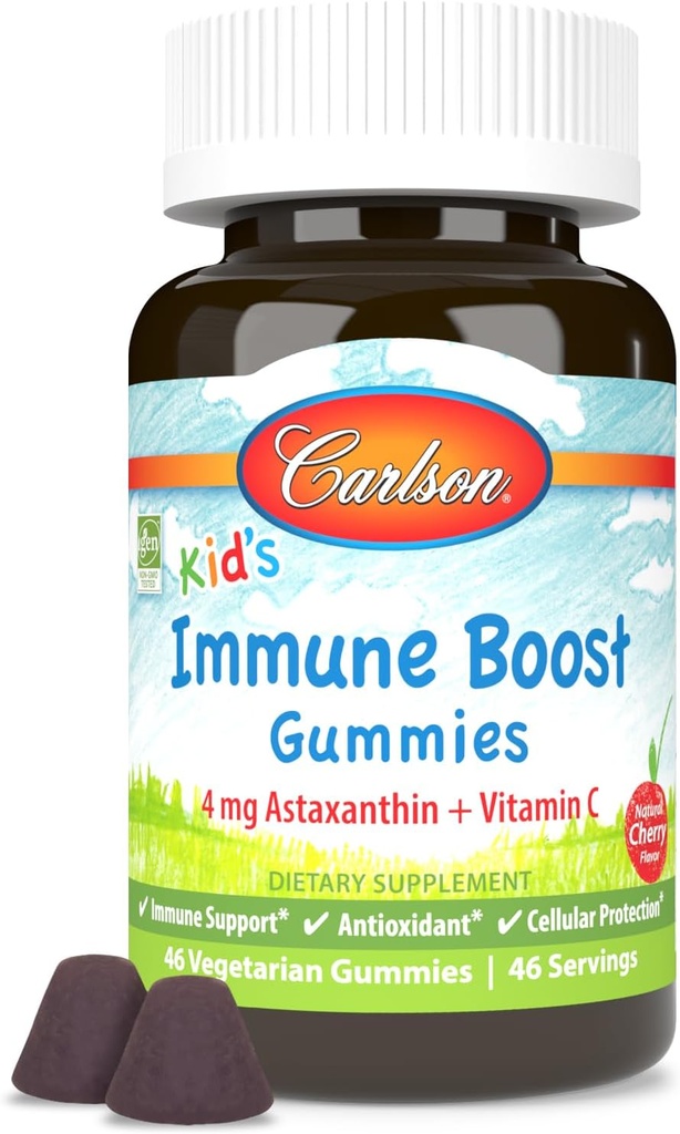 Carlson - Las Gummies de Boost de Kid, Astaxanthin + Vitamina C, Apoyo Inmunitario, Antioxidante, No GMO, Cherry Flavor, 46 Gummies Vegetarianas