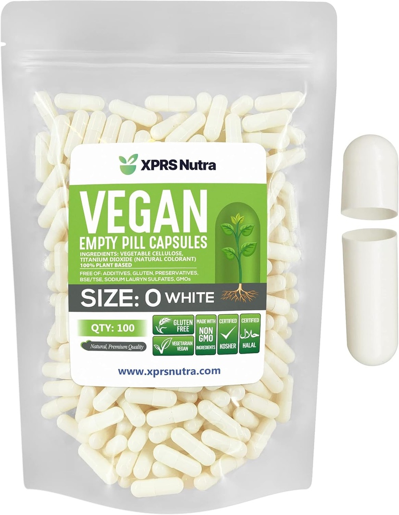 XPRS Nutra Size 0 Empty Capsules - 100 Count Empty Vegan Capsules - Vegetarian Pills - DIY Vegetable Capsule Filling - Veggie Pill Caps for Do-It-youself Supplements (White)