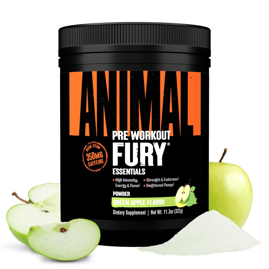 Powder de Furia Animal Pre Workout - Manzana Verde, 350 mg de cafeína, Aminoácidos BCAA, 2g Beta Alanine, Citrulline " Tyrosine, Energy, Focus, Strength, Endurance, Preworkout for Men " Women, 20 Servings