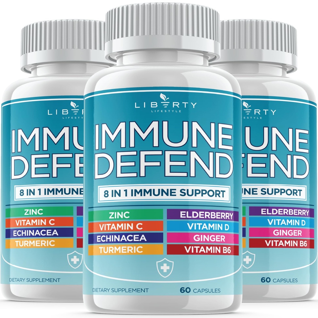 8 en 1 Apoyo de Defensa Inmune, Vitaminas Inmunitarias Suplemento Booster con zinc 50mg, Vitamina C Elderberry VIT D3 5000 UI, Curcumina Turmérica &amp; Ginger, Echinacea - Alivio de Alergia para Niños Adultos