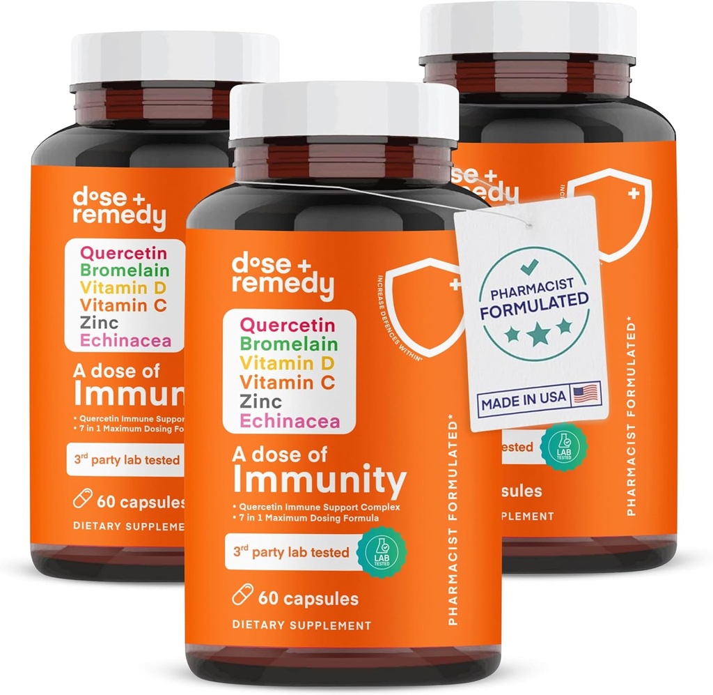 Una dosis de quercetina de inmunidad con vitamina C y zinc, vitamina D, 500 mg de quercetina Bromelaina con echinacea & B Vitaminas, Lung Immune Support Suplemento 7 en 1 Immune Defense Immunity Booster 180 Conde