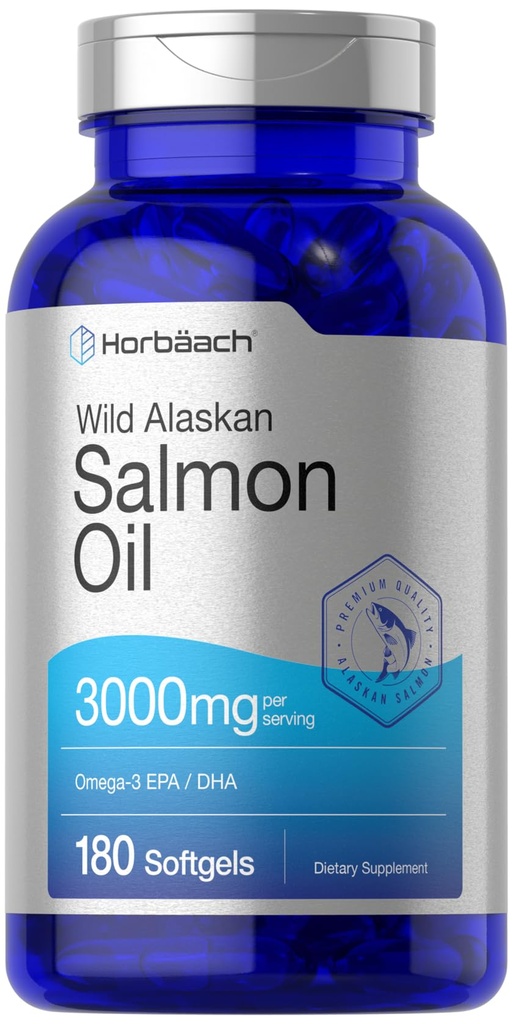 Horbäach Wild Alaskan Salmon Fish Oil ← 180 Softgel Capsules TEN Gluten Free, Non-GMO ← High Potency TEN Excelente Fuente de ácidos grasos Omega-3 EPA y DHA