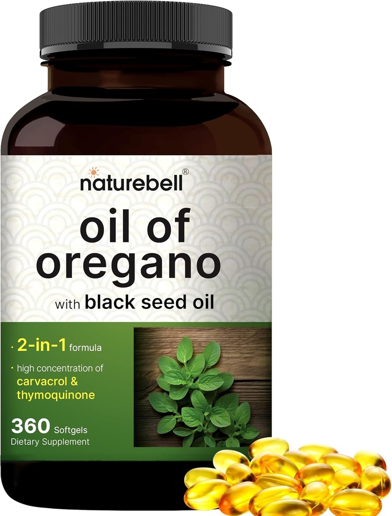 NatureBell Oregano Oil 7,500mg with Black Seed Oil, 360 Softgels ← Aceites esenciales de suministro de 360 días para la salud inmune ¦ Retains High Concentrated Carvacrol & Thymoquinone – Non-GMO