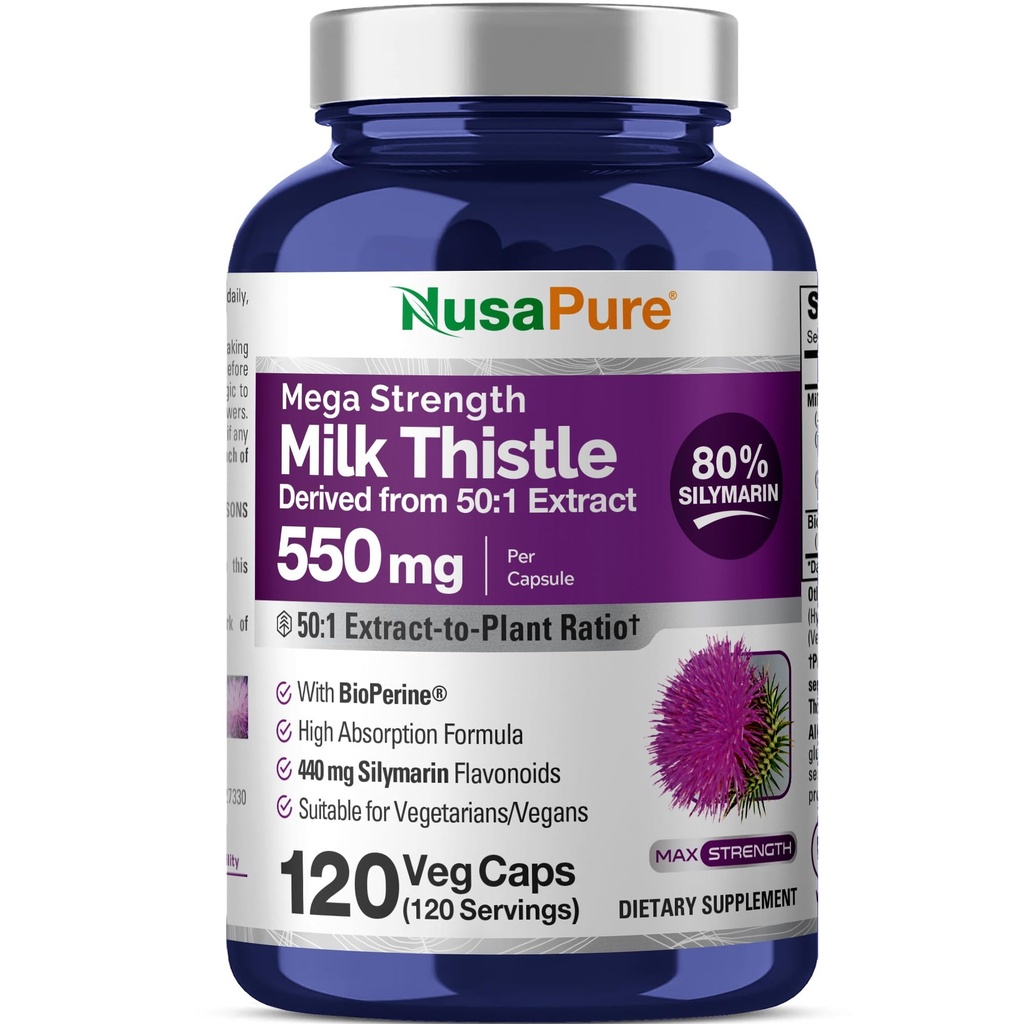 NusaPure Milk Thistle 50:1 Extract, 550 mg Equivalente a 27.500mg 120 Veggie Capsules Non-GMO, Vegan Max Strength - Estándarizado 80% Silymarin, Bioperina