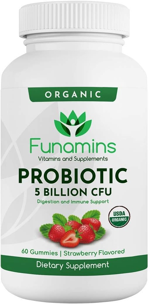 Mangas Probióticas Orgánicas, 5 Billones CFU por Serving, 60 Conde, Vegan, Apoya Salud Digestiva y Defensa Inmunitaria, para Mujeres y Niños; Sabor de Fresa