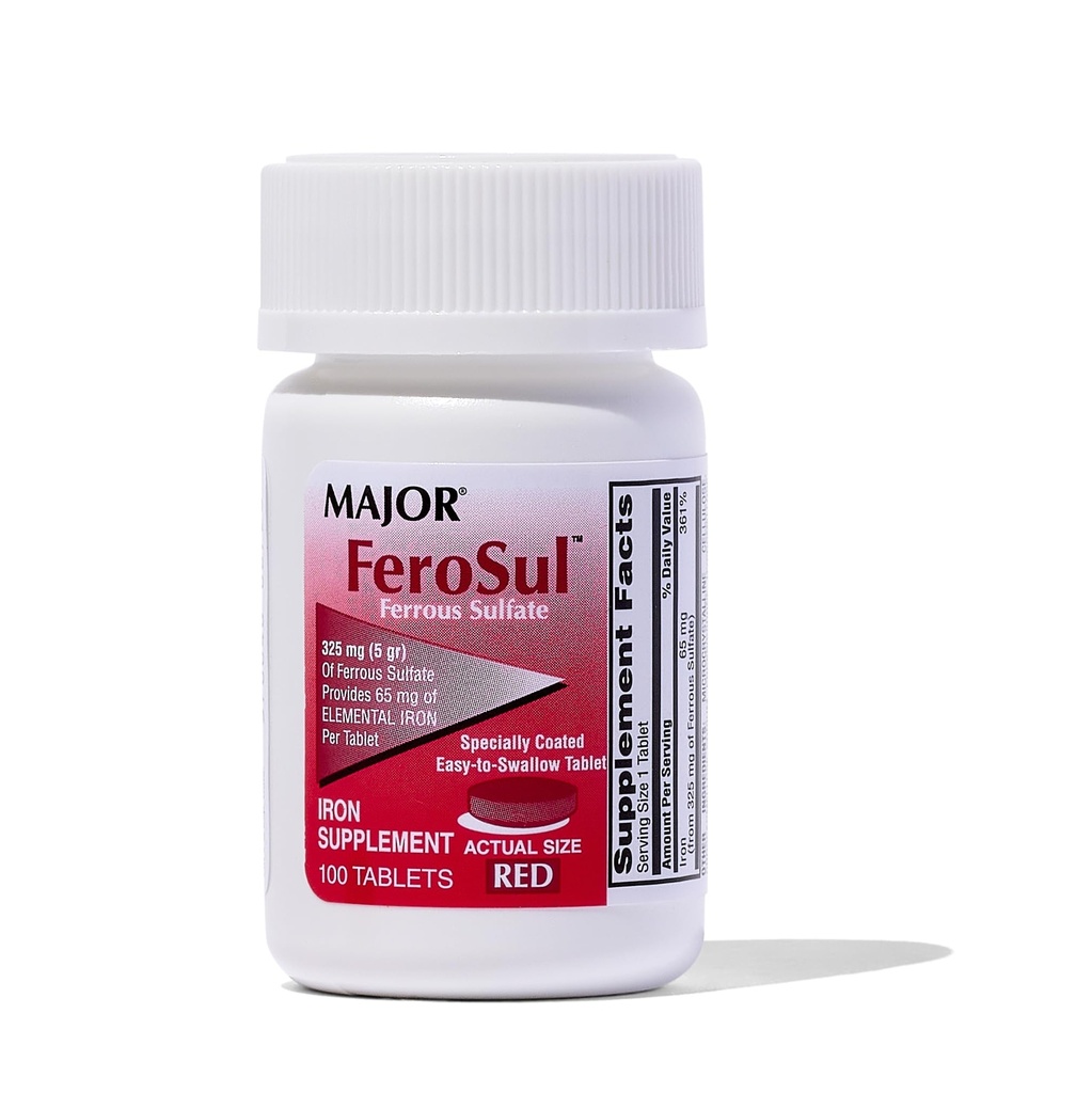 Mayor Ferosul - Sulfato ferroso 325 mg Tabletas con 65 mg de hierro elemental - Suplemento de hierro para mujeres, hombres - rojo - 100 Tabletas - Pack de 1