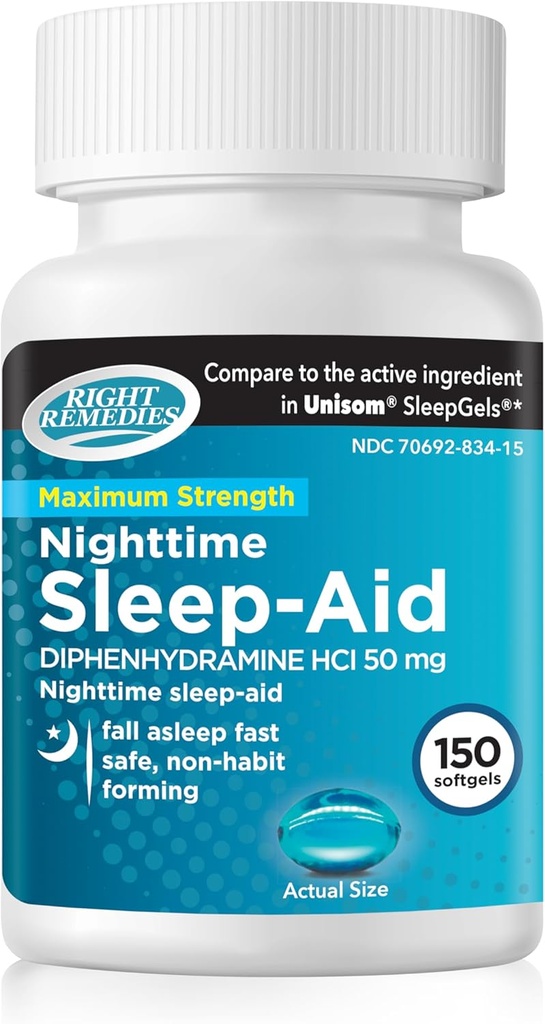 Ayuda de sueño nocturna Softgels, (150 softgels), Diphenhydramine HCI 50 mg, Fall Asleep Fast, soporta sueño más profundo, descanso