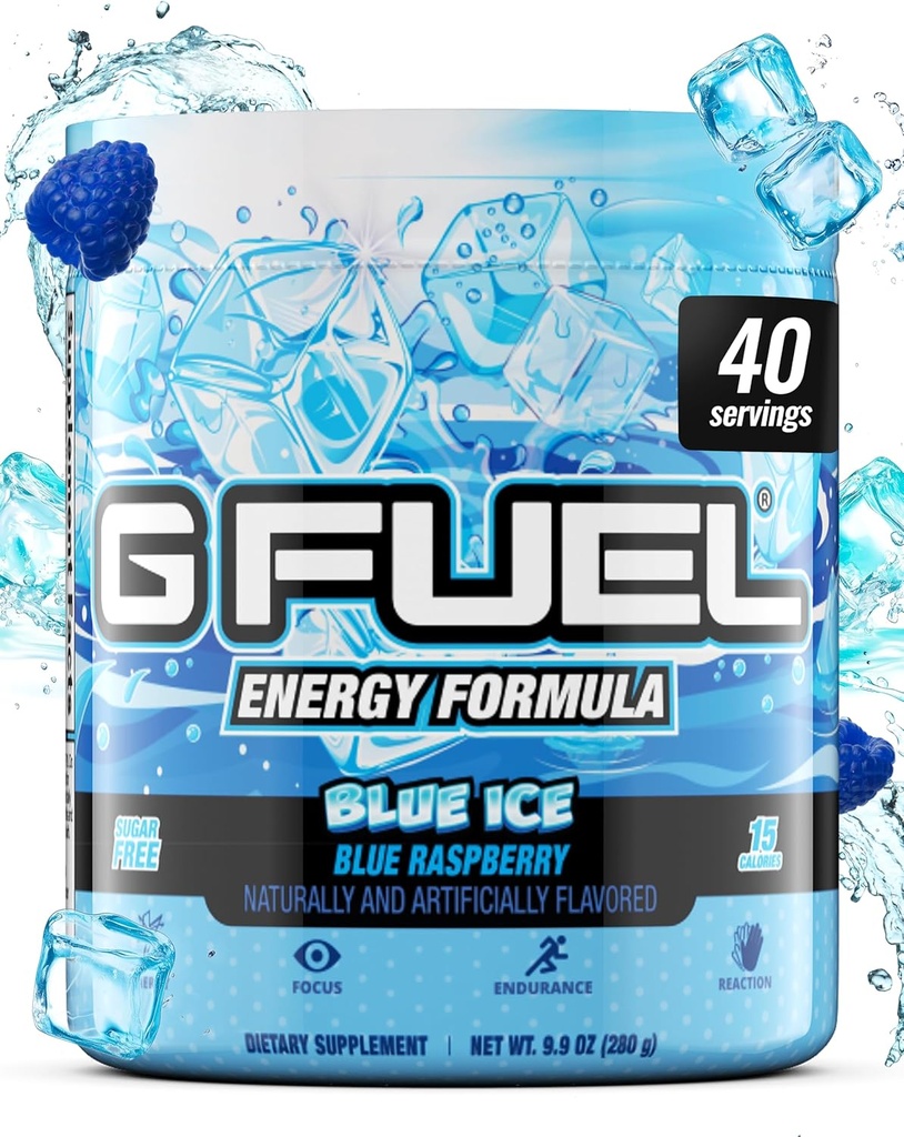 G Fuel Blue Ice Energy Drink Powder, Pre Workout Caffeine Mix for Gaming, Sugar Free Focus Amino, Vitamina + Antioxidantes, 9.9oz (Blue Raspberry, 40 Servings)
