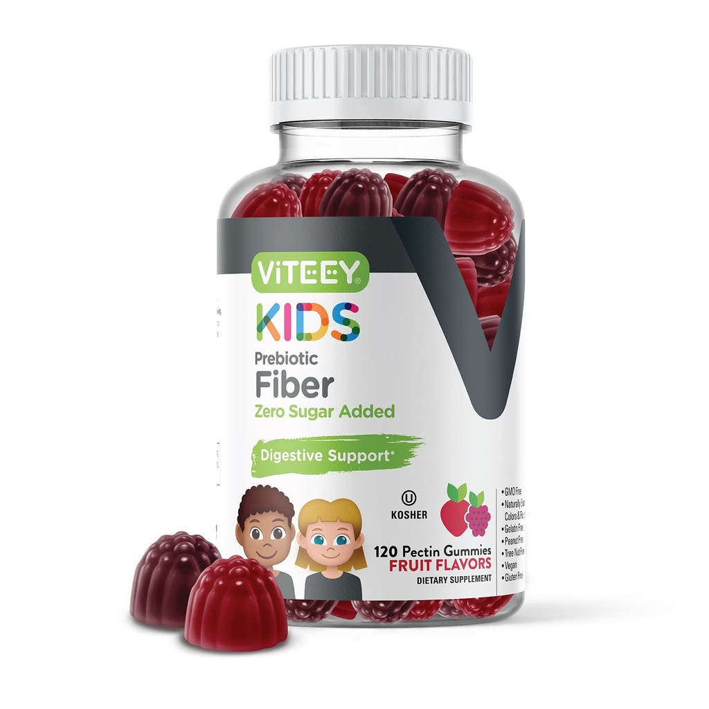 Viteey Prebiotic Kids Fiber for Constipation Relief, Digestive Health Regularity Support, Natural Weight Support - Fiber 4g, Zero Sugar Añadido, Vegan, Gluten Free - Tasty Chewable Fruit Flavored Gummy
