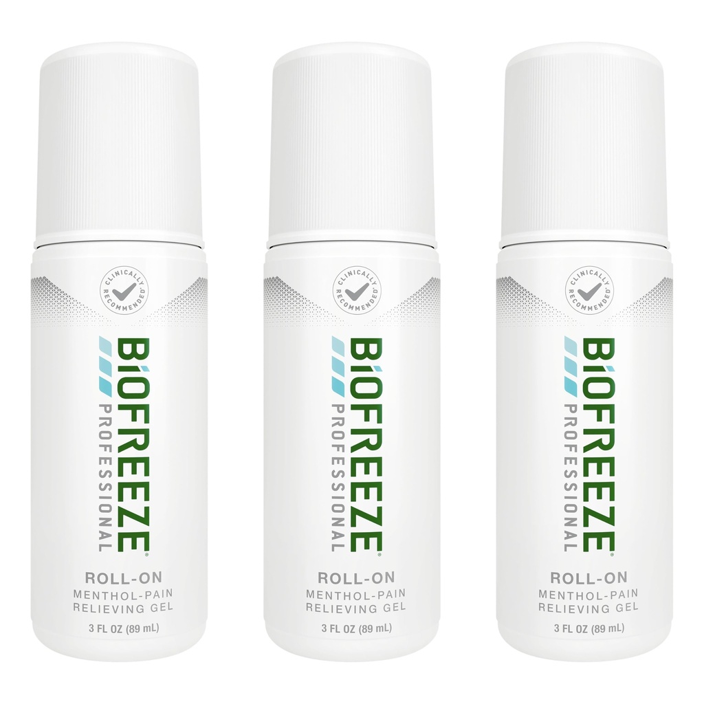 Biofreeze Professional Pain Relief Roll On for Knee, Neck, Hip, Joint, " Hombro, Simple Backache Pain Reliever, Sore Muscle Relief, Roll-On Menthol Gel 3 Fl Oz (Pack of 3)