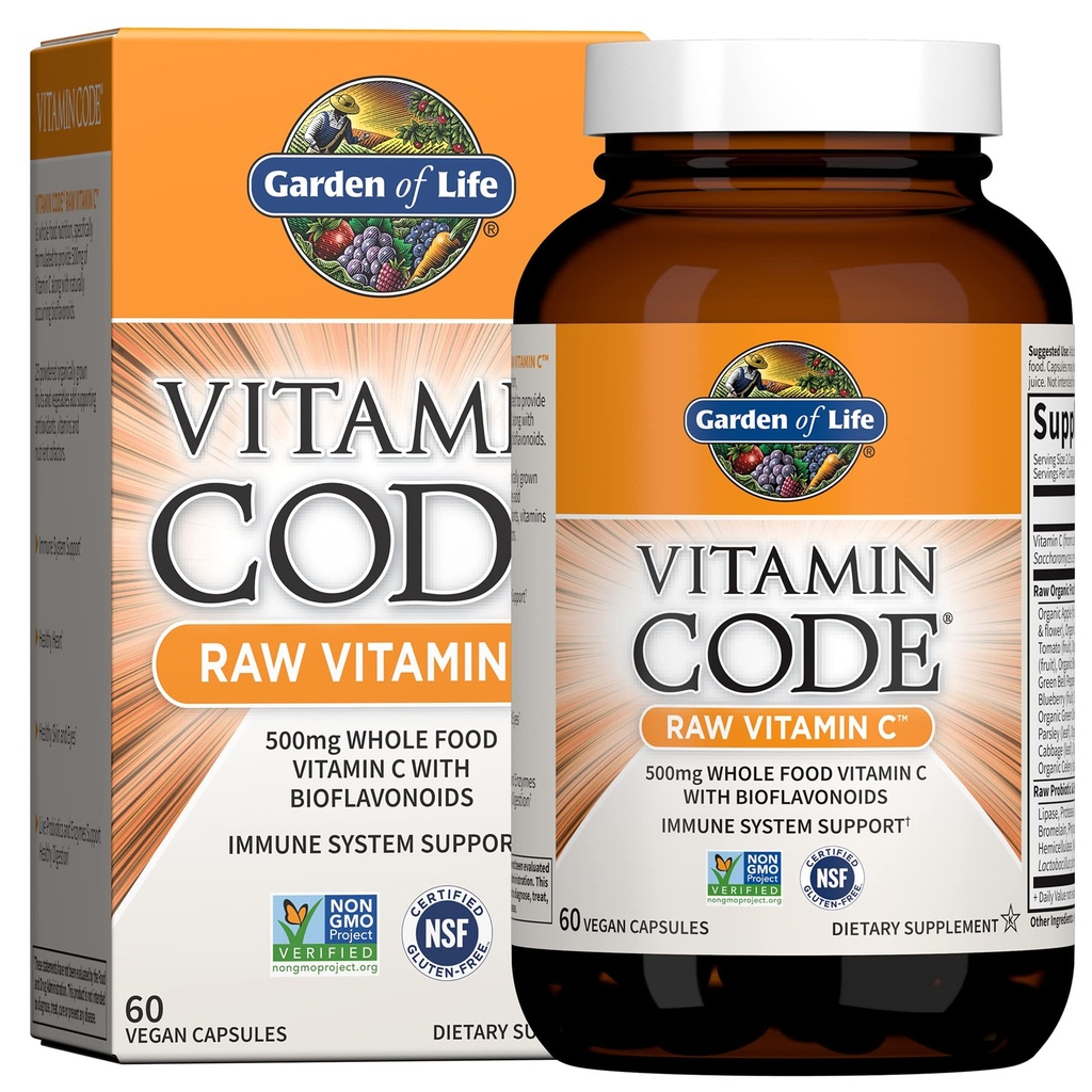 Garden of Life Vitamin Code Raw Vitamina C - 60 cápsulas, 500 mg Alimentos enteros Vitamina C cápsulas + Fruta &amp; Veggie Blend &amp; Probióticos, Suplementos para adultos, Vegan, Gluten Gratis
