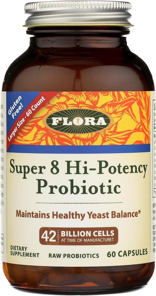 Flora - Super 8 Hi Potency Probiotics 60 Cuenta - Healthy Yeast Balance & Digestive Health - for Men &amp; Women - 42 Billion CFU, Raw, Gluten Free - Hasta 2 meses de suministro