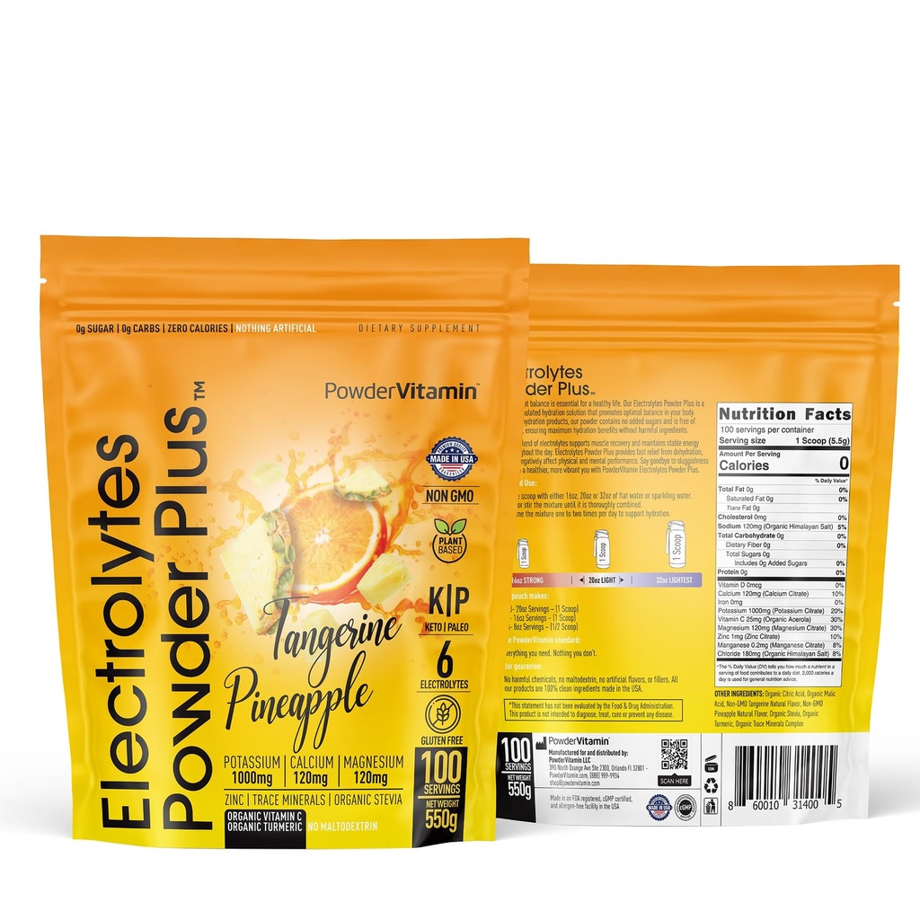 PowderVitamin Electrolytes Powder Plus (100 Servings) Tangerine Pineapple Electrolyte Powder Zero Calorie Keto,0Sugar, No Maltodextrin,1000mg Potasio, 120mg Calcio,120mg Magnesio, Hidratación Polvo