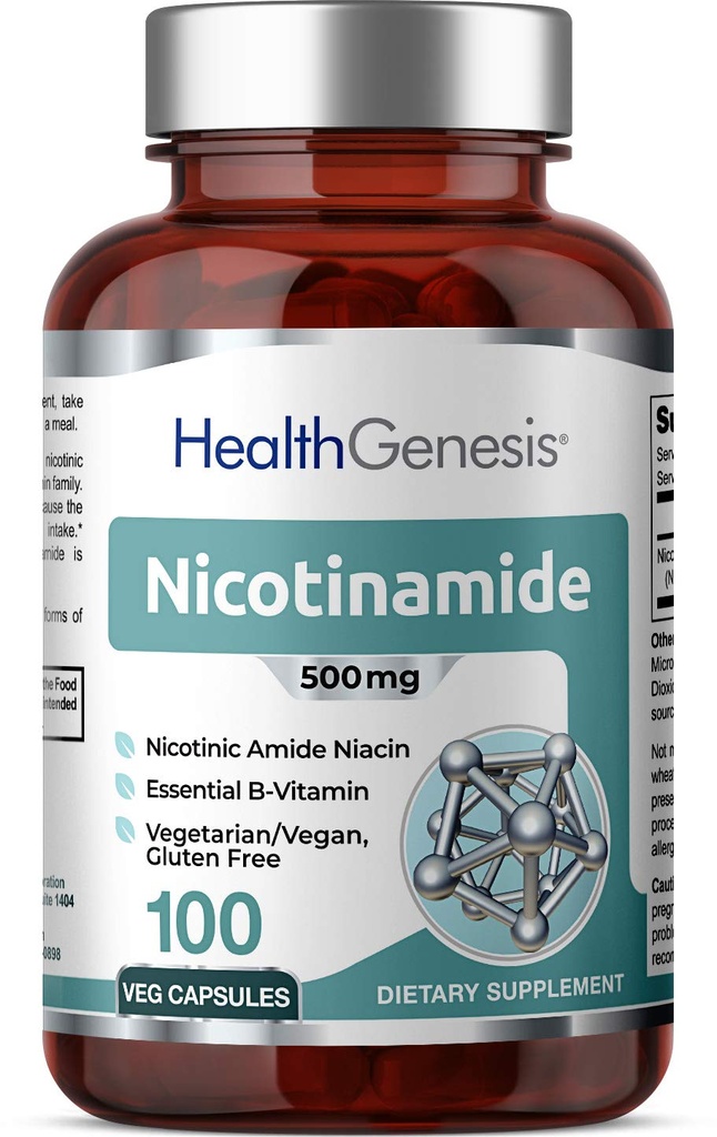 B-3 Nicotinamide 500 mg 100 Vcaps - Niacina Niacina libre de fluido natural Fórmula - Apoyo a la salud celular de la piel