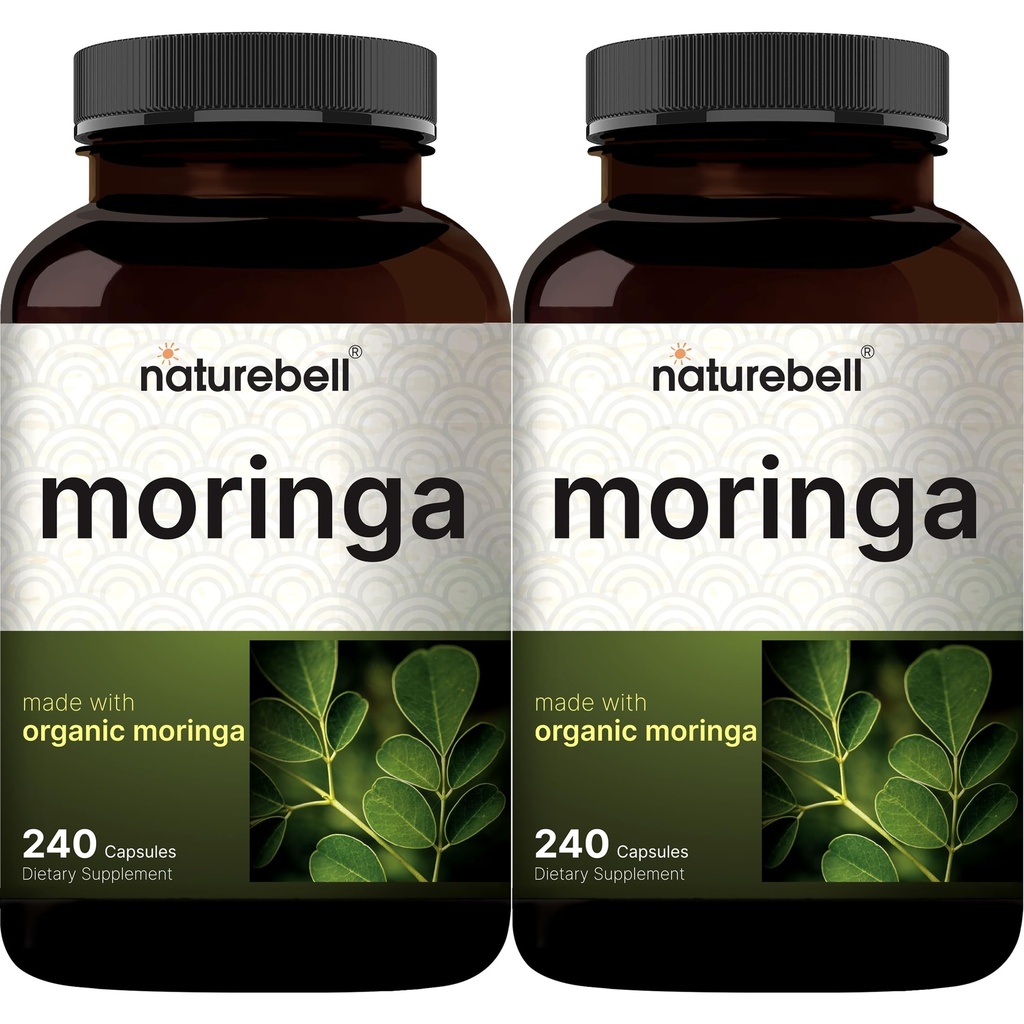NatureBell Pure Moringa Capsules 8.000mg Por Serving (2 Pack) Silencio Hecho con Moringa Powder Orgánico, 480 cápsulas – Superalimentos Verdes, Salud de la piel, &amp; Apoyo Inmunitario – No GMO, Gluten Free, 8 meses de suministro