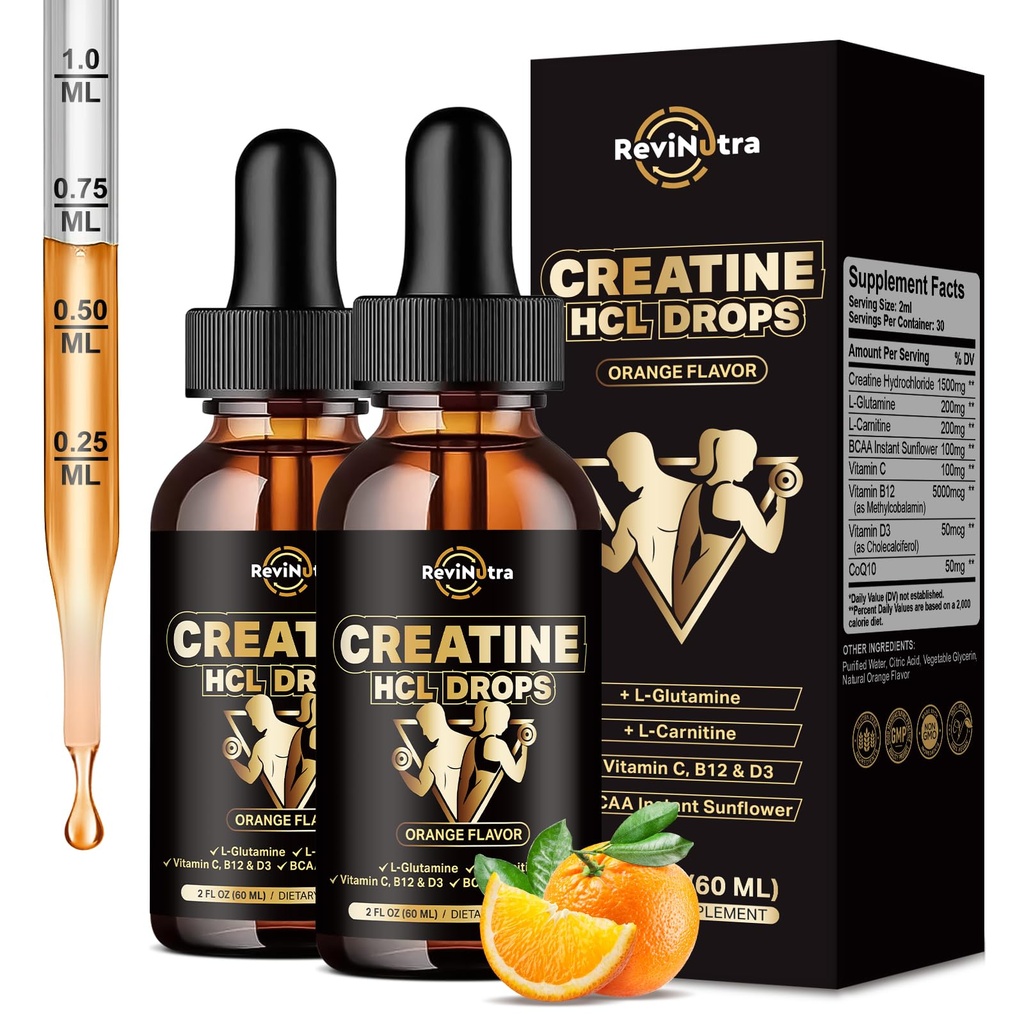 2 Pack Creatine HCL Liquid Drops for Men & Women, 1500mg Liquid Creatine Hydrochloride, High Absorption, 2 Fl Oz, Sugar-Free Orange Flavor