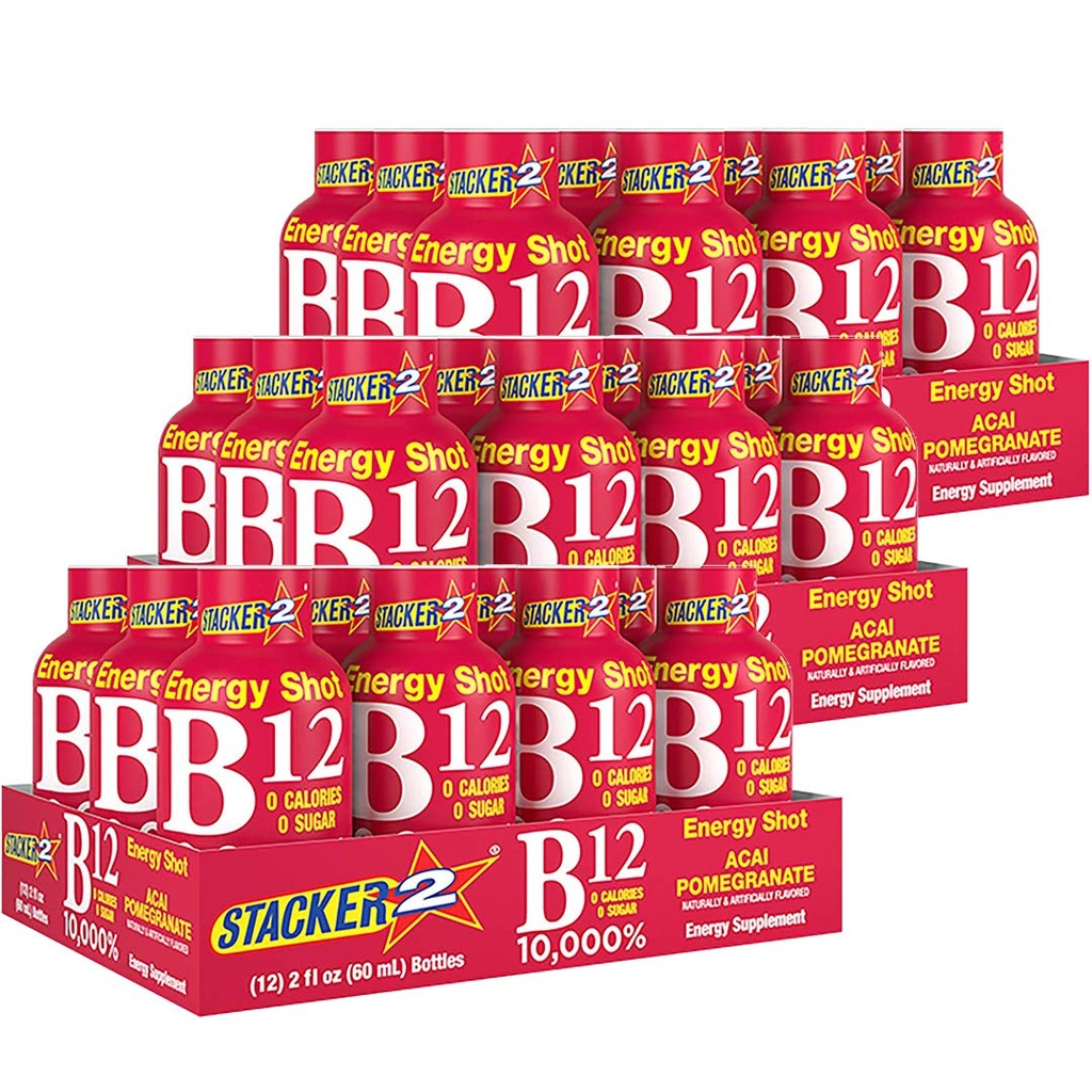 Stacker 2 Complejo de vitamina B12 B6 B3 Zapatos de energía líquido - Acai &amp; Pomegranate - Cyanocobalamin, 10,000% DRV - B-6 Piridoxina 40mg - B3 Niacinamide (Niacina) 20mg - BASED BOX Bundle (2oz, Pack de 36)