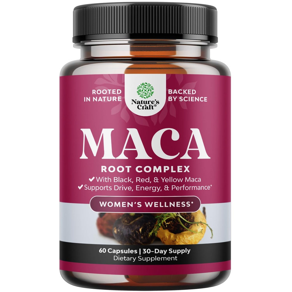 Cadenas de raíz de Maca orgánica para mujeres - Suplemento herbario de patente con hembra potenciando la mezcla de rojo amarillo &amp; negro Maca Root - no certificado GMO Vegan y sin gluten con ningún color artificial - 60ct